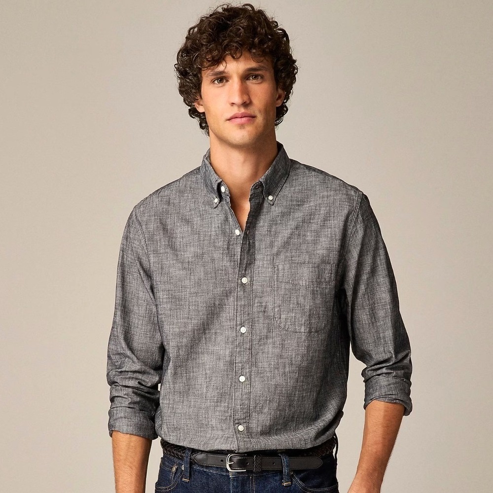 J.Crew Organic Cotton Chambray Button Down Shirt Men XL Gray Black Classic Fit